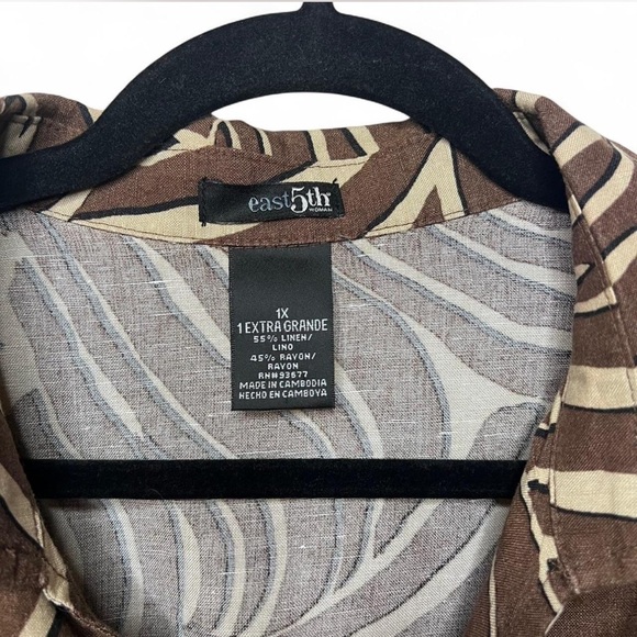 East 5th Brown Cream Zebra Print Linen Blend Button Down Shirt 1X - Picture 3 of 6